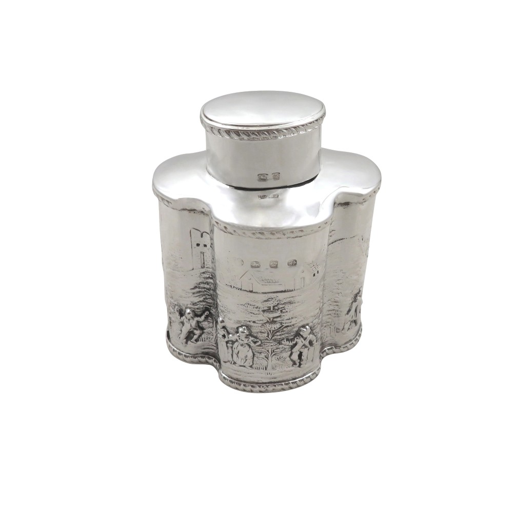 Antique Victorian Sterling Silver Caddy with Village Scene 1899