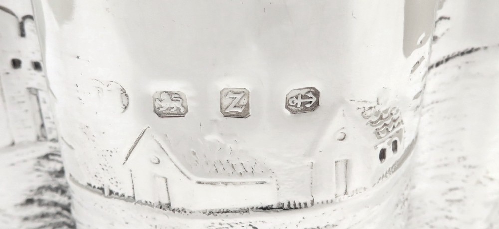 Antique Victorian Sterling Silver Caddy with Village Scene 1899 View II
