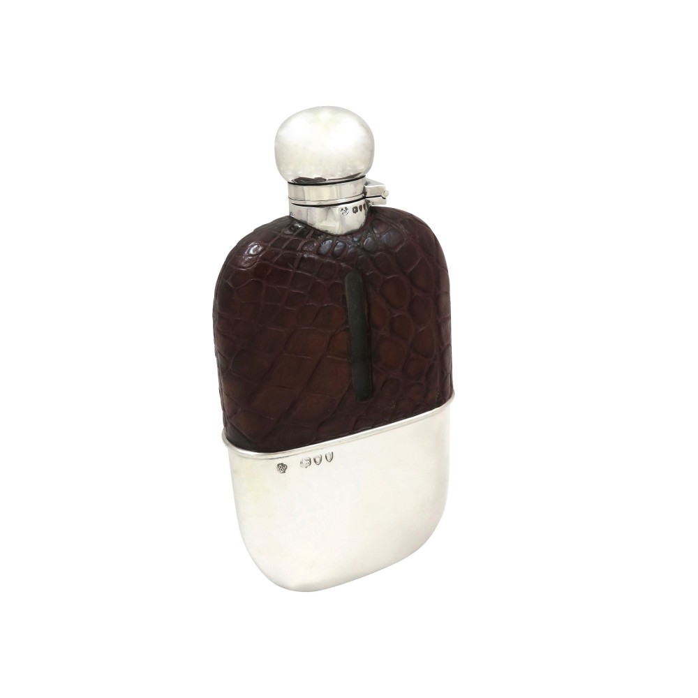 Antique Victorian Sterling Silver & Crocodile Leather Hip Flask 1895