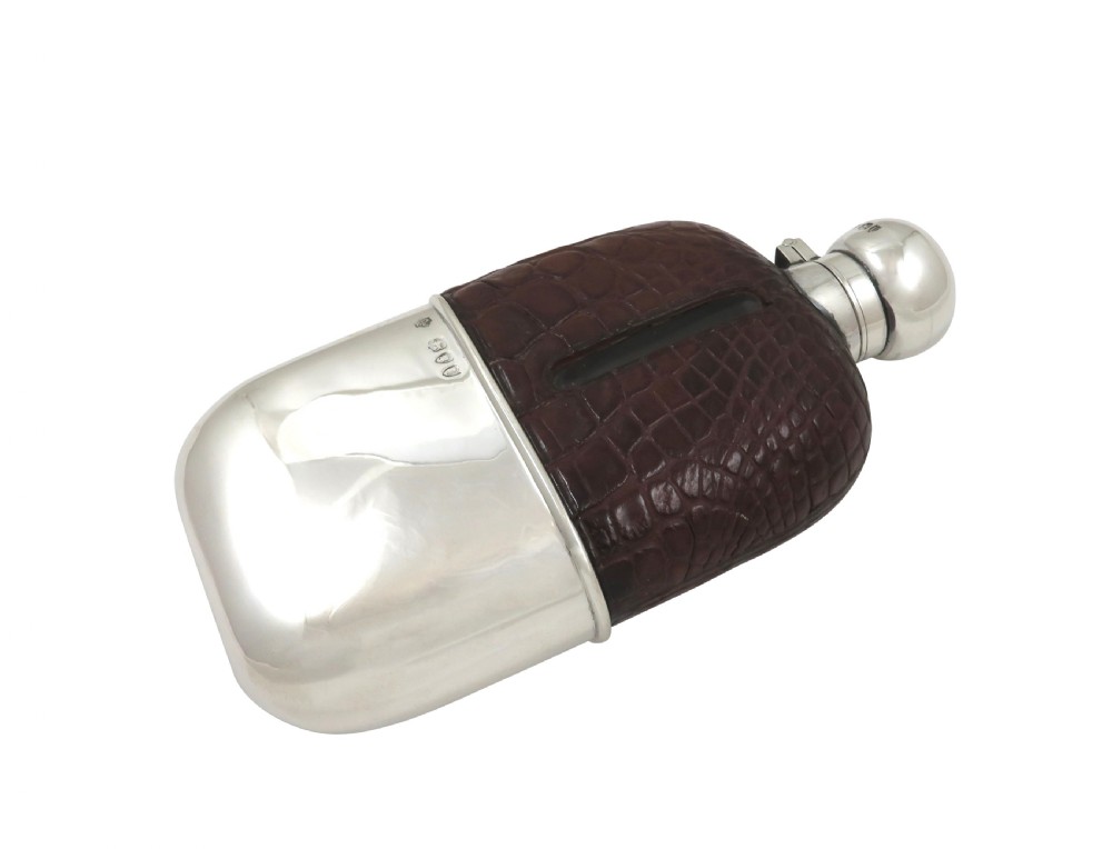 Antique Victorian Sterling Silver & Crocodile Leather Hip Flask 1895 View IV