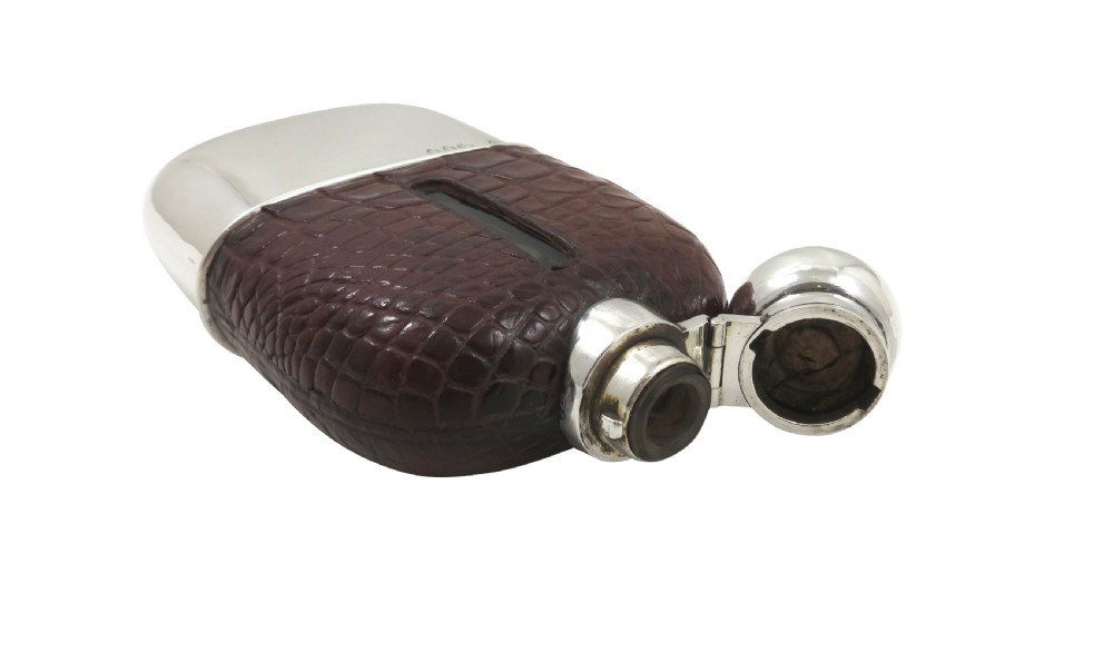 Antique Victorian Sterling Silver & Crocodile Leather Hip Flask 1895 View V