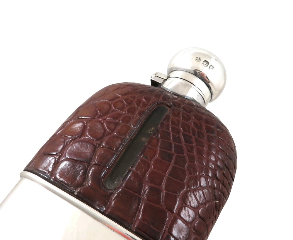 Antique Victorian Sterling Silver & Crocodile Leather Hip Flask 1895 View VI
