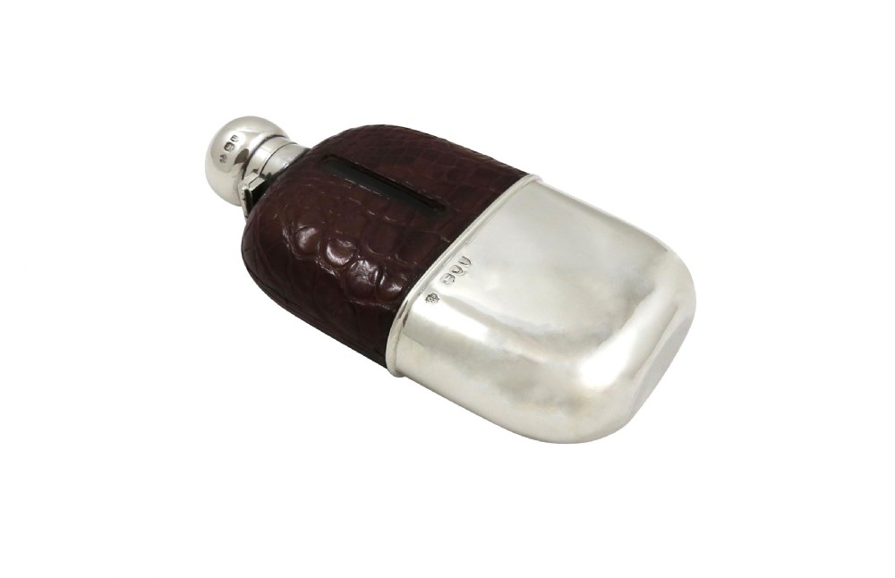 Antique Victorian Sterling Silver & Crocodile Leather Hip Flask 1895 View VIII