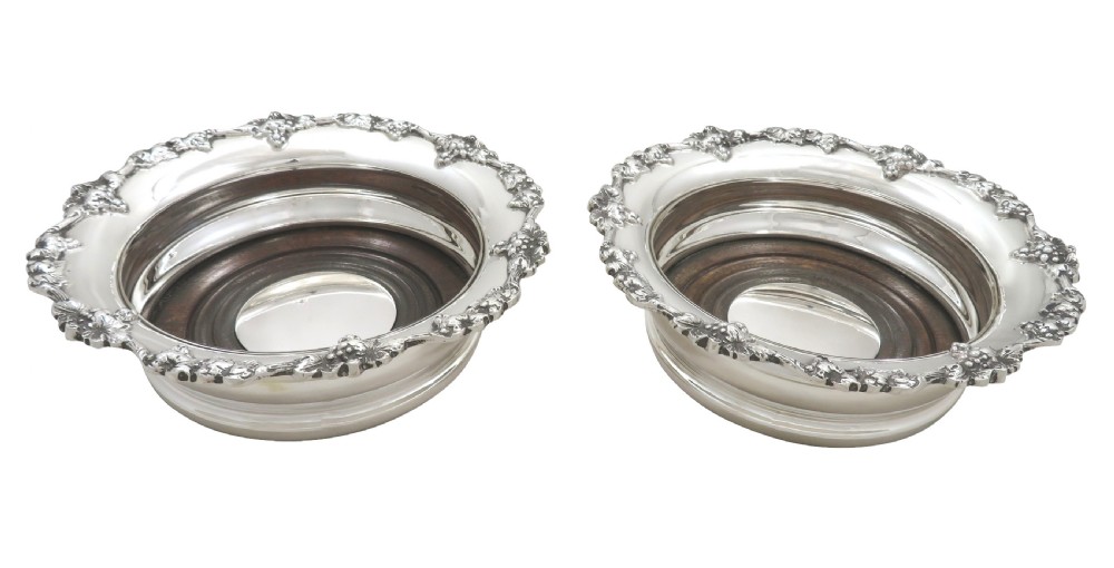 Pair of Vintage Sterling Silver 'Grape & Vine' Wine Coasters  View II