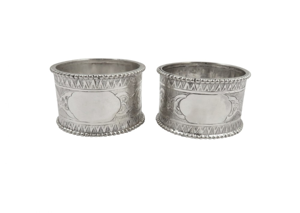 Pair of Antique Victorian Sterling Silver Napkin Rings in Case 1862 View II