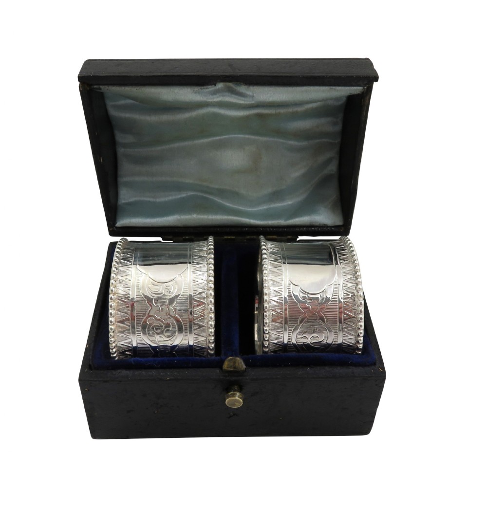 Pair of Antique Victorian Sterling Silver Napkin Rings in Case 1862 View V