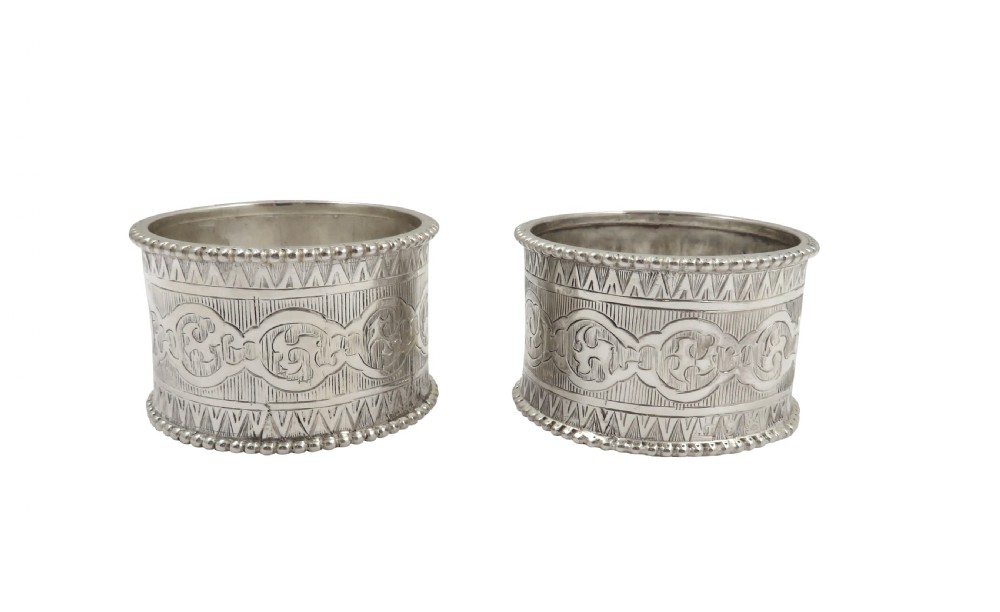 Pair of Antique Victorian Sterling Silver Napkin Rings in Case 1862 View VII