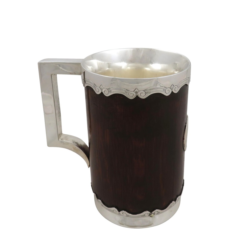Antique Silver Plated & Oak Pint Tankard 1947