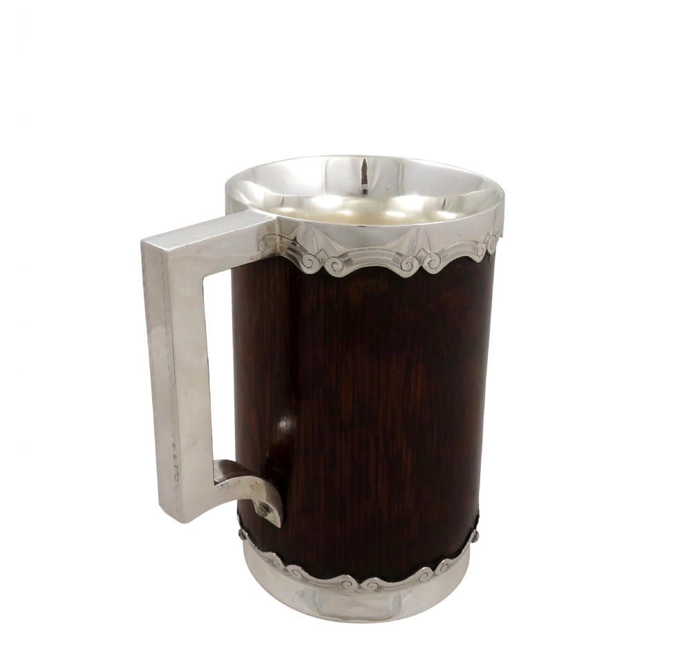 Antique Silver Plated & Oak Pint Tankard 1947 View IX
