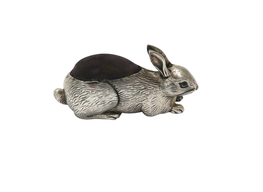 Antique Edwardian Sterling Silver Rabbit Pin Cushion 1909 View X