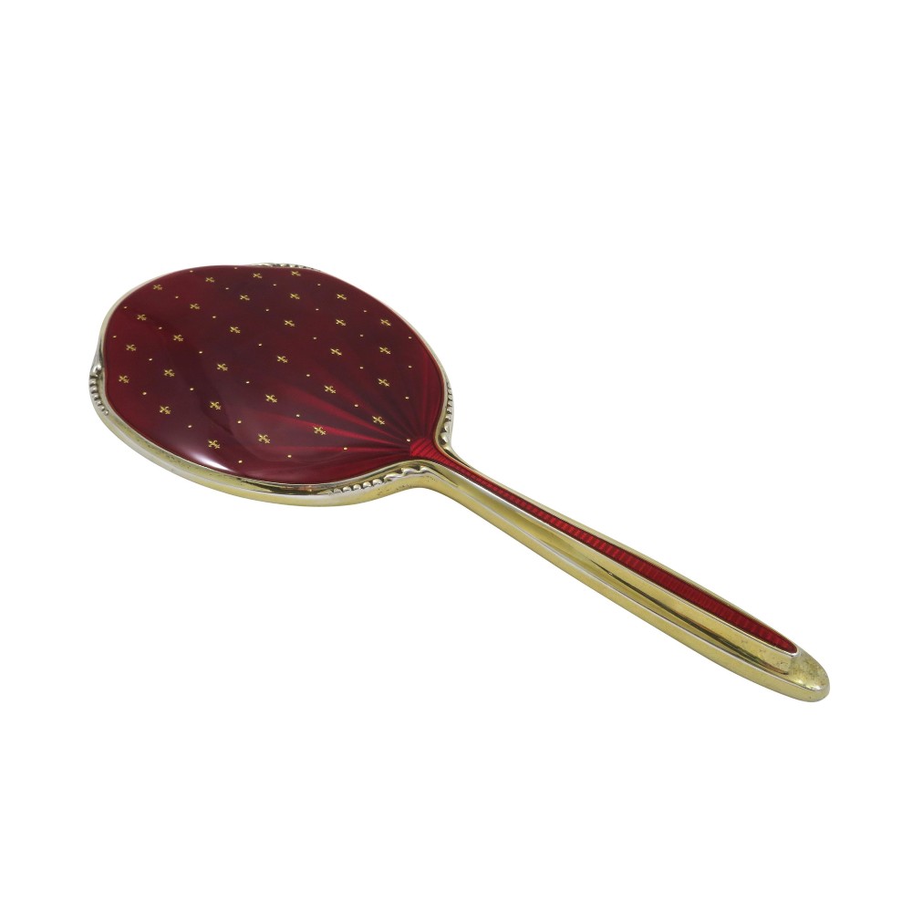 Vintage Sterling Silver Gilt and Dark Red Enamel Hand Mirror 