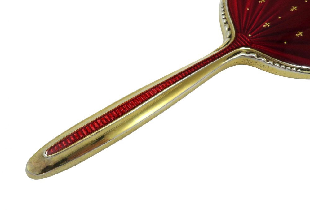 Vintage Sterling Silver Gilt and Dark Red Enamel Hand Mirror  View IV