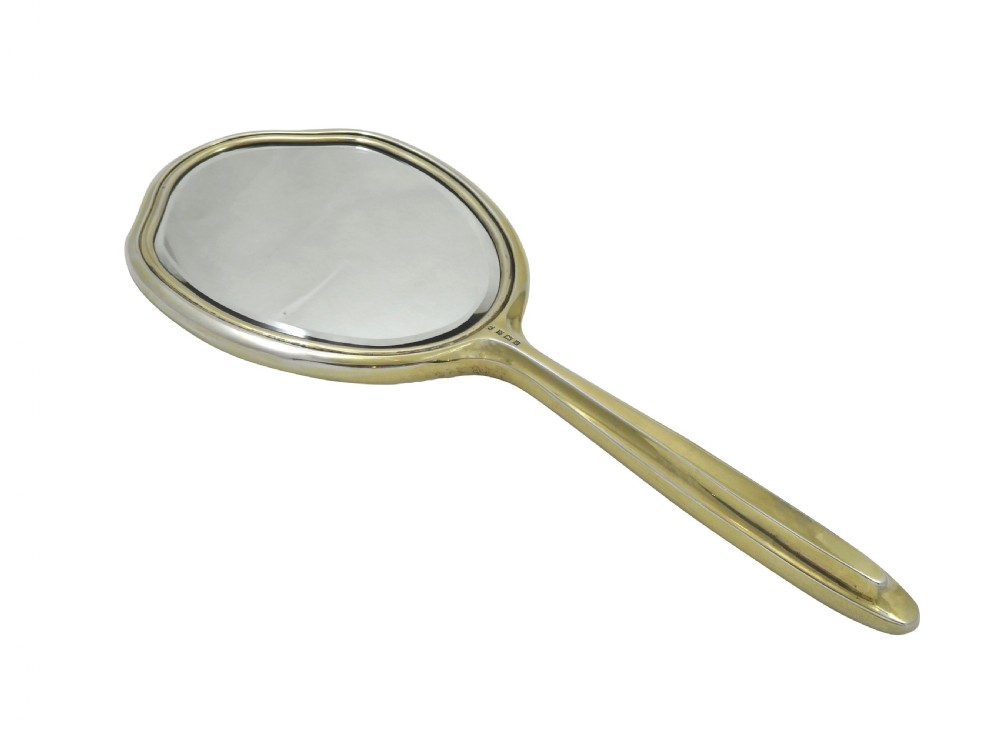 Vintage Sterling Silver Gilt and Dark Red Enamel Hand Mirror  View V