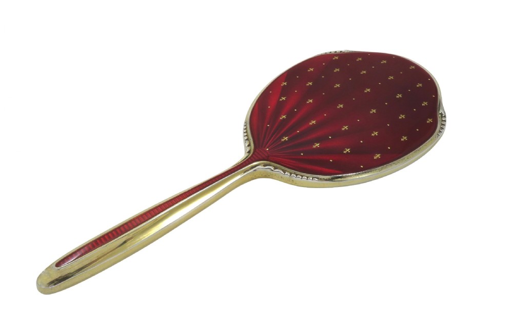 Vintage Sterling Silver Gilt and Dark Red Enamel Hand Mirror  View IX