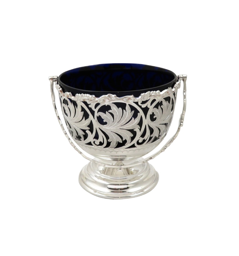 Antique Victorian Sterling Silver & Blue Glass Liner Basket 1898 View V