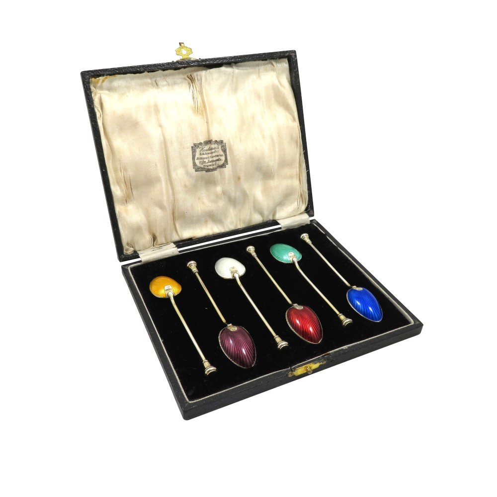 Set 6 Antique Art Deco Sterling Silver & Enamel Teaspoons 1937