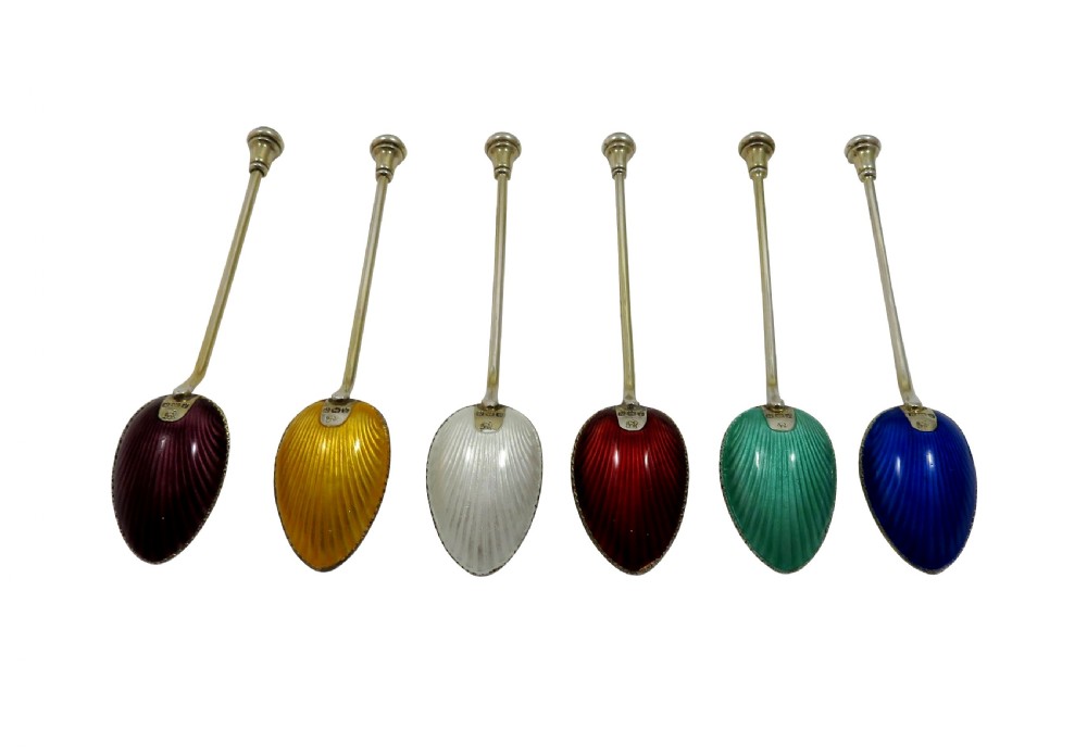 Set 6 Antique Art Deco Sterling Silver & Enamel Teaspoons 1937 View II