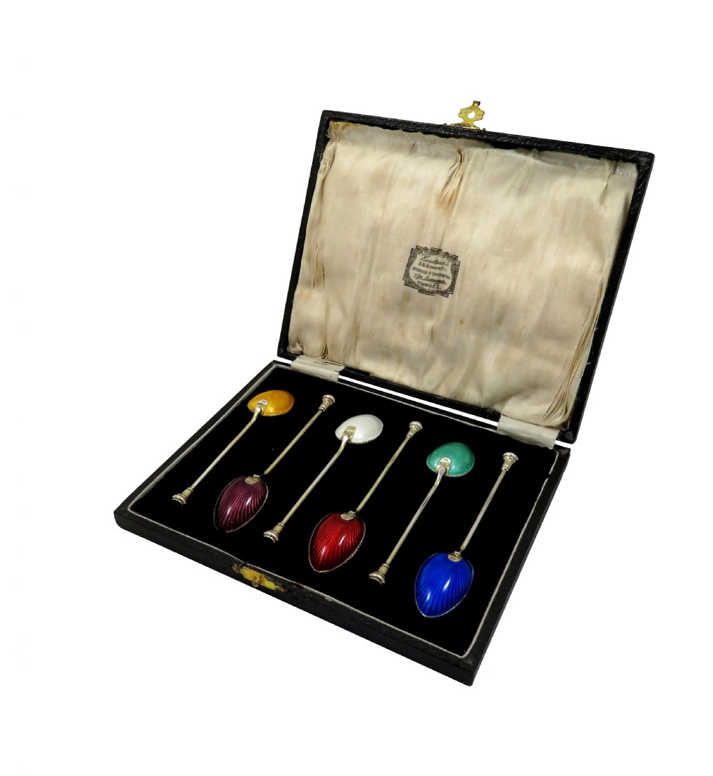 Set 6 Antique Art Deco Sterling Silver & Enamel Teaspoons 1937 View X