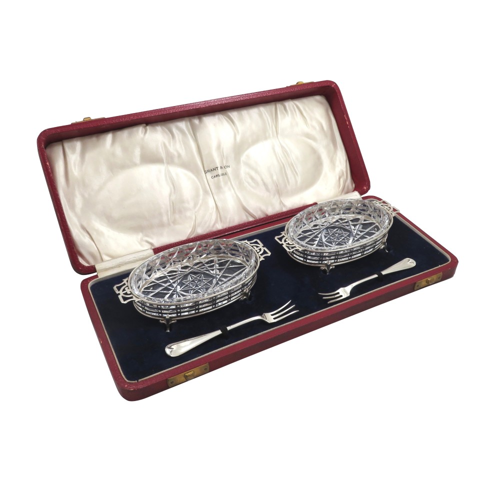 Pair of Antique Sterling Silver & Cut Glass Pickle Dishes with Forks 1933