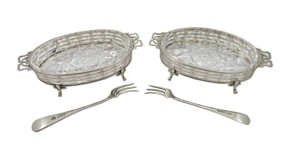Pair of Antique Sterling Silver & Cut Glass Pickle Dishes with Forks 1933 View III
