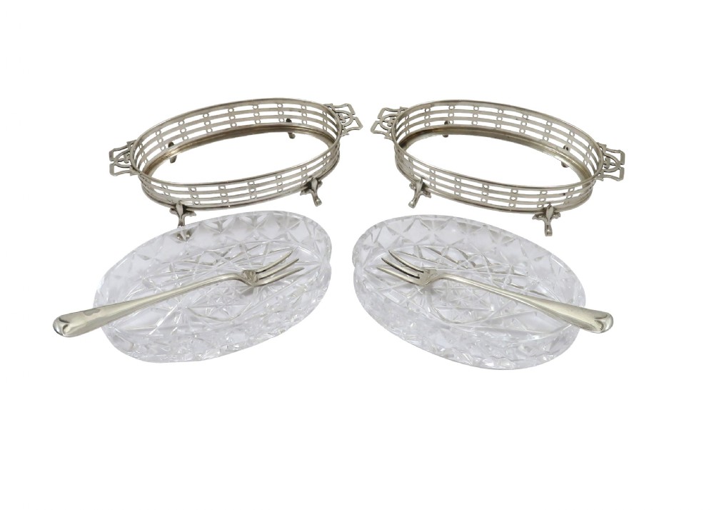 Pair of Antique Sterling Silver & Cut Glass Pickle Dishes with Forks 1933 View V