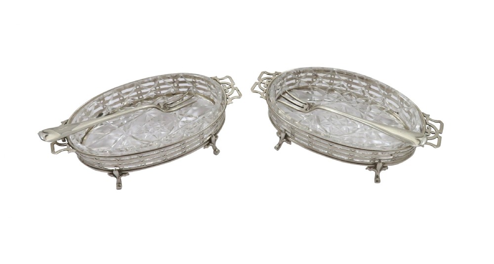 Pair of Antique Sterling Silver & Cut Glass Pickle Dishes with Forks 1933 View VII