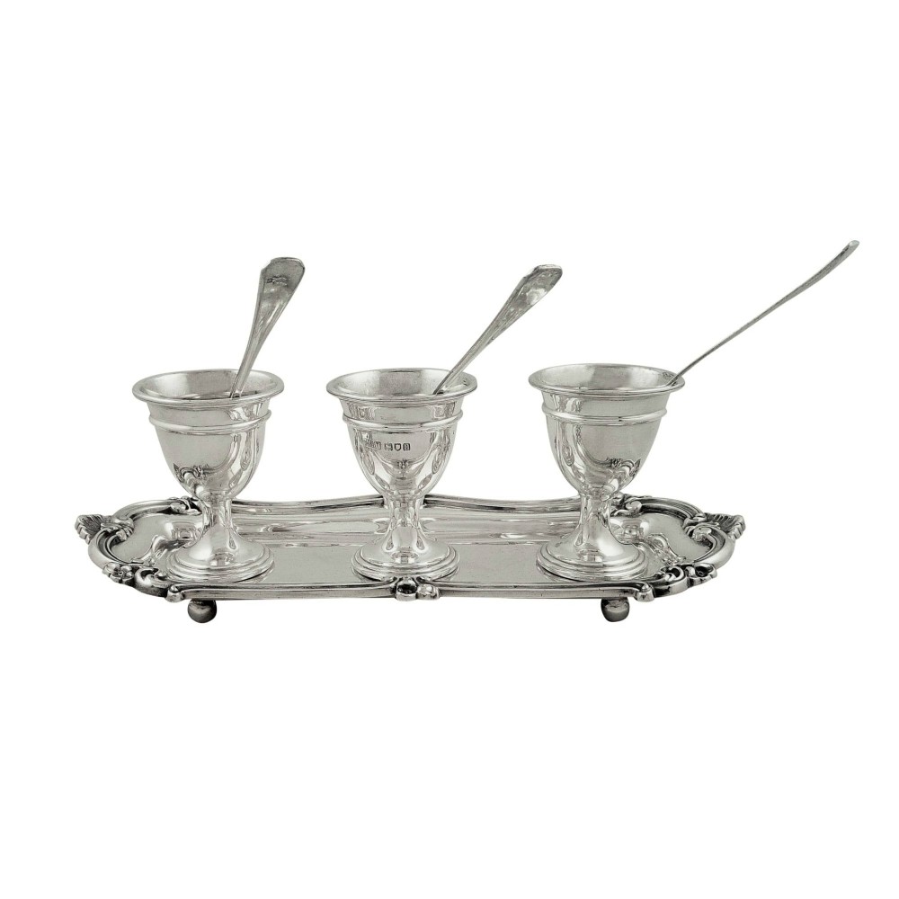 Antique Edwardian Sterling Silver 3 Egg Cruet Set - 1908 Mappin & Webb