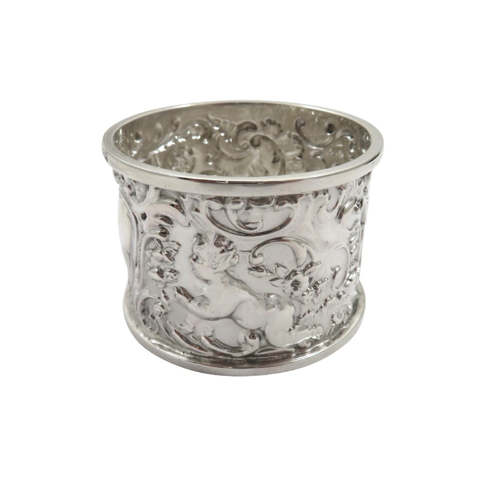 Antique Victorian Sterling Silver 'Cherub' Napkin Ring in Case 1899 View II