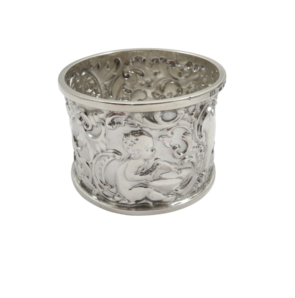 Antique Victorian Sterling Silver 'Cherub' Napkin Ring in Case 1899 View VII