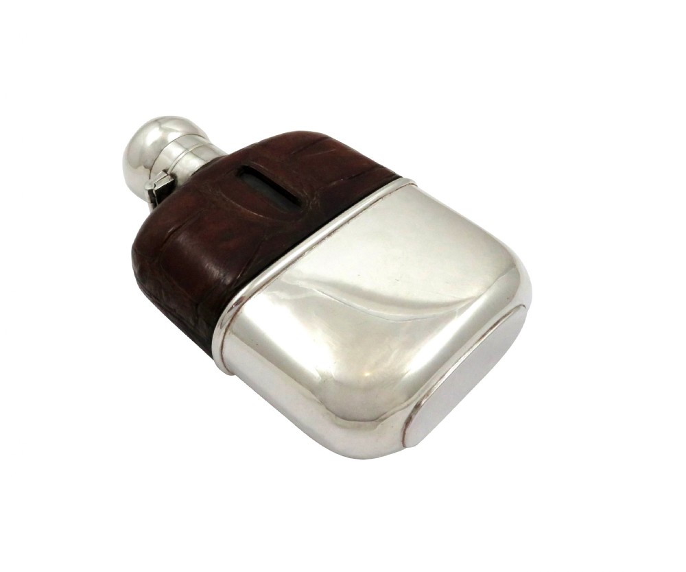 Antique Victorian Silver Plated & Crocodile Leather Hip Flask c1900 View II