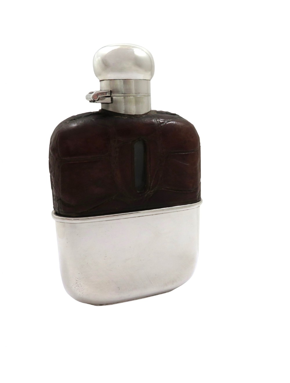 Antique Victorian Silver Plated & Crocodile Leather Hip Flask c1900 View IV