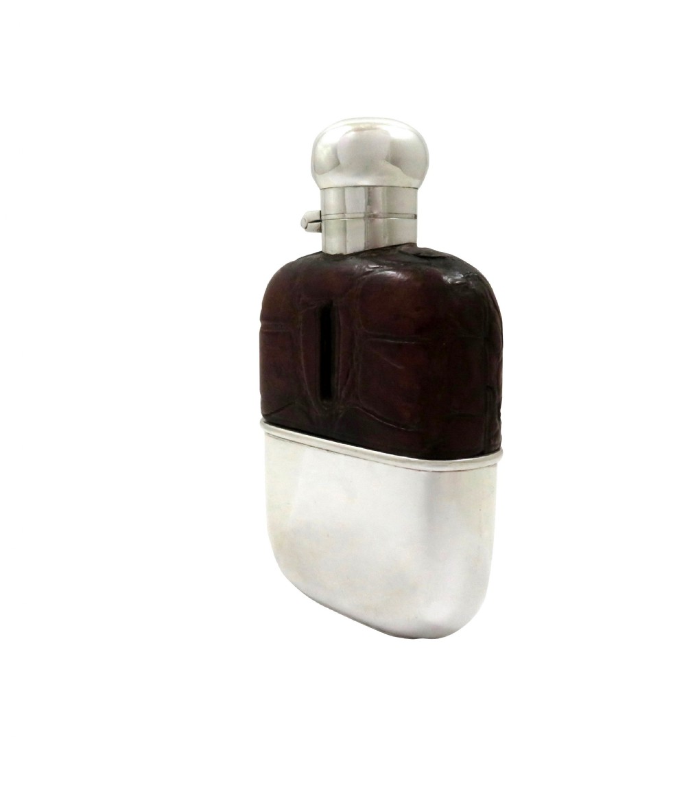 Antique Victorian Silver Plated & Crocodile Leather Hip Flask c1900 View VIII