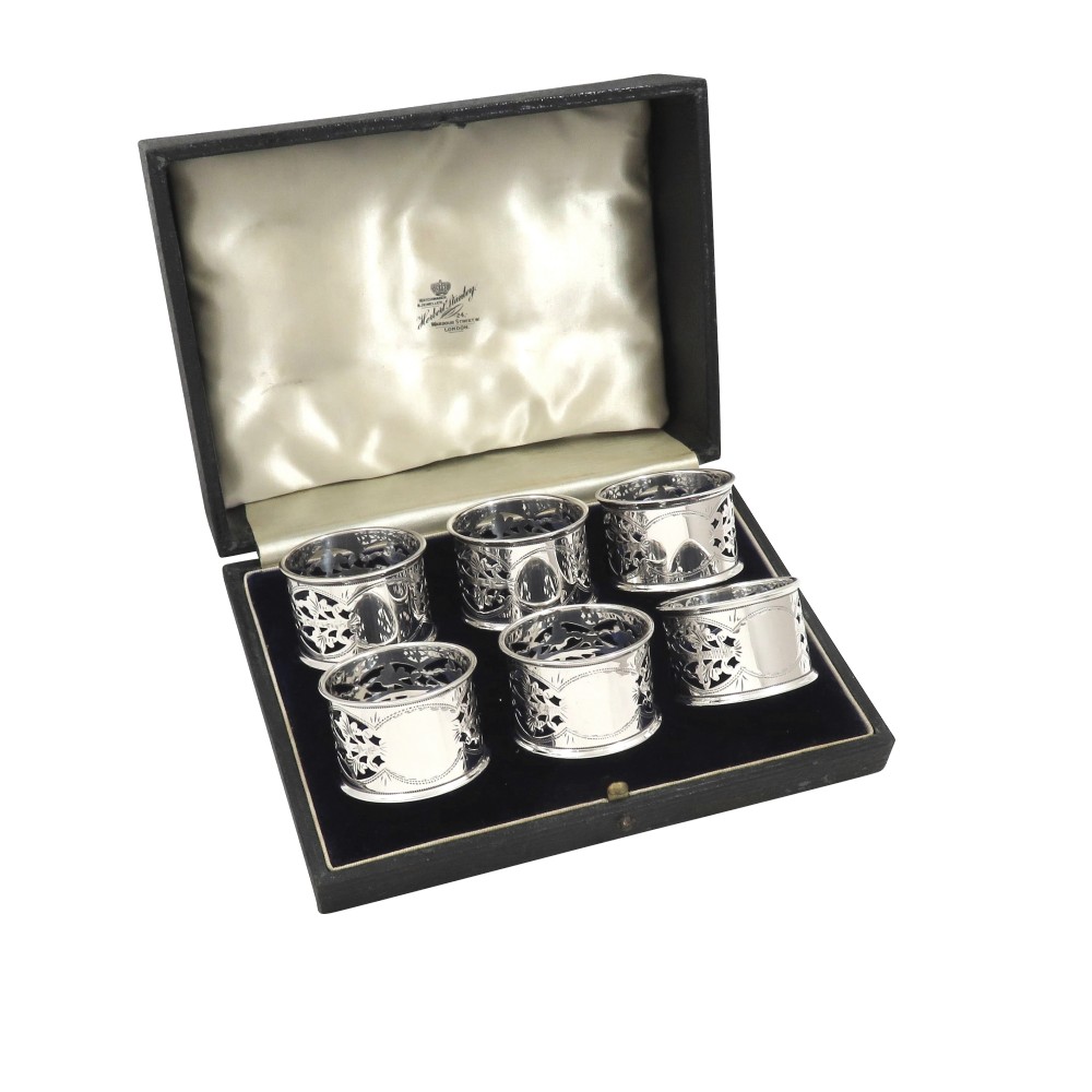 Set of 6 Antique Edwardian Sterling Silver Napkin Rings in Case 1909