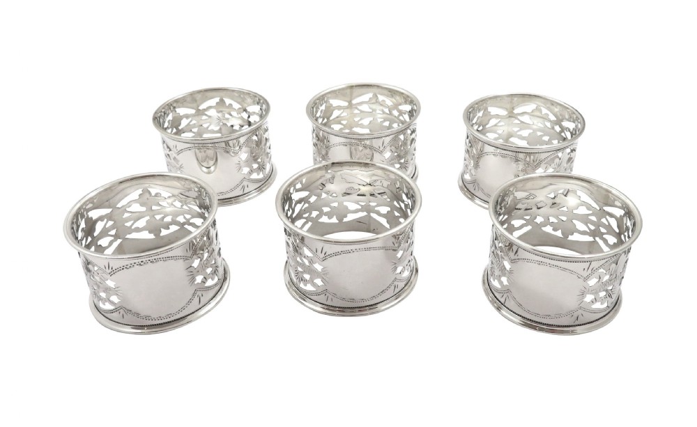 Set of 6 Antique Edwardian Sterling Silver Napkin Rings in Case 1909 View II