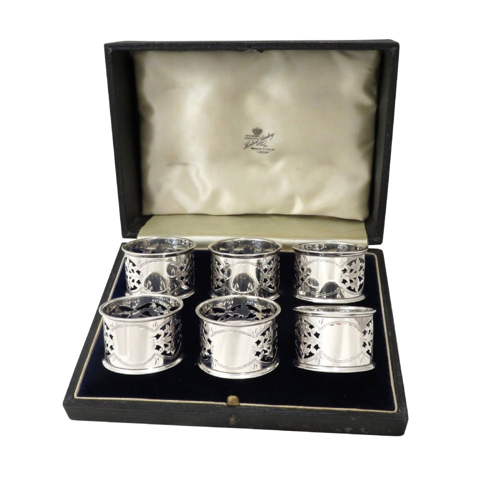 Set of 6 Antique Edwardian Sterling Silver Napkin Rings in Case 1909 View IV