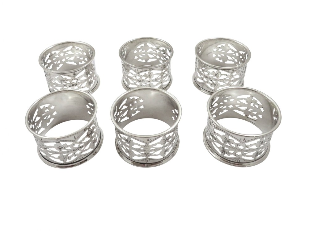Set of 6 Antique Edwardian Sterling Silver Napkin Rings in Case 1909 View VIII