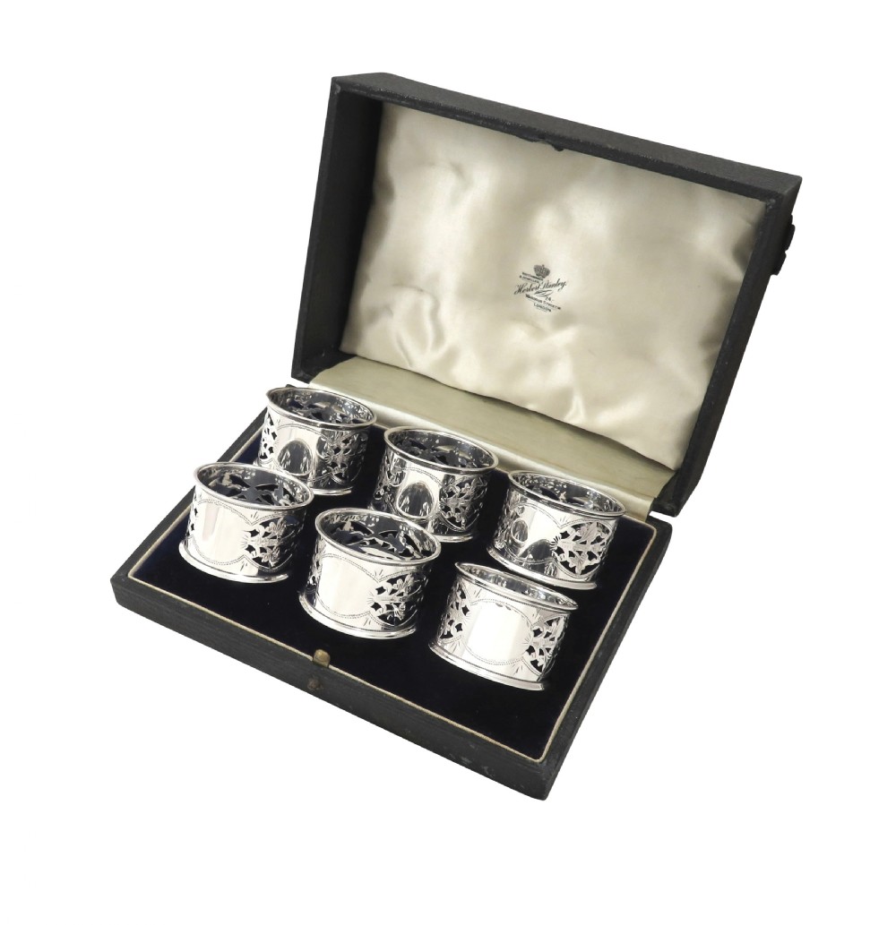 Set of 6 Antique Edwardian Sterling Silver Napkin Rings in Case 1909 View X