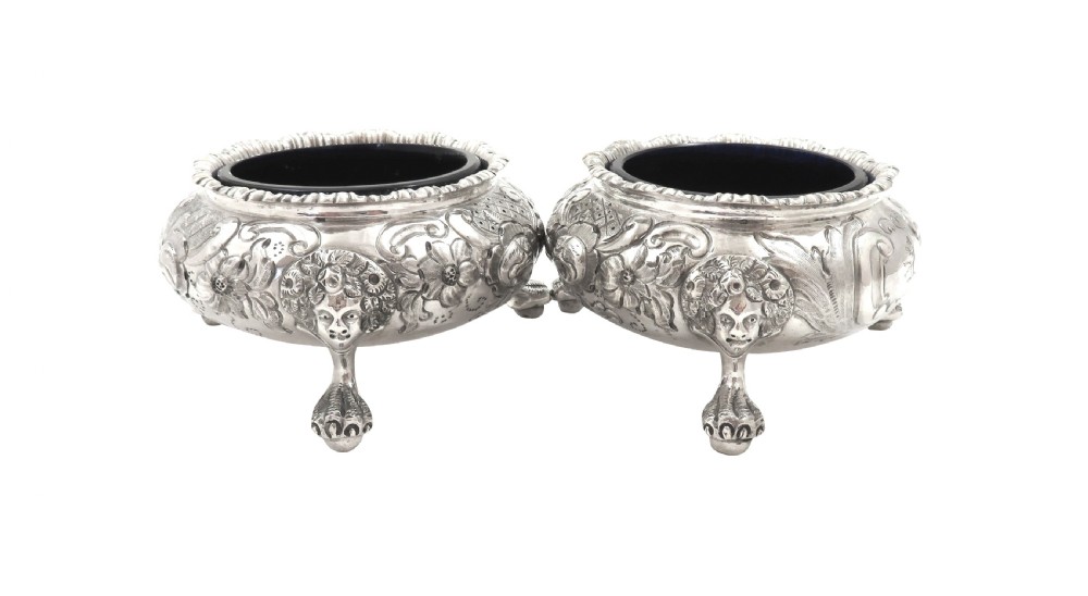 Pair of Antique Victorian Sterling Silver Salts with Liners 1855 View II