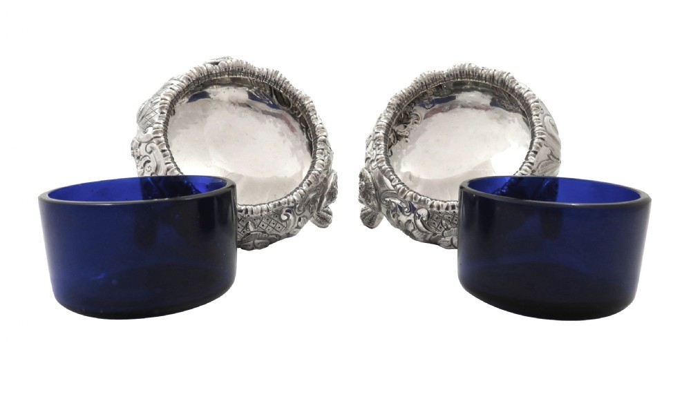 Pair of Antique Victorian Sterling Silver Salts with Liners 1855 View III