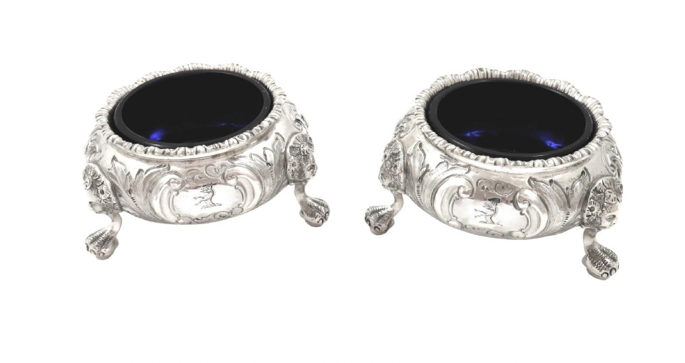 Pair of Antique Victorian Sterling Silver Salts with Liners 1855 View IX