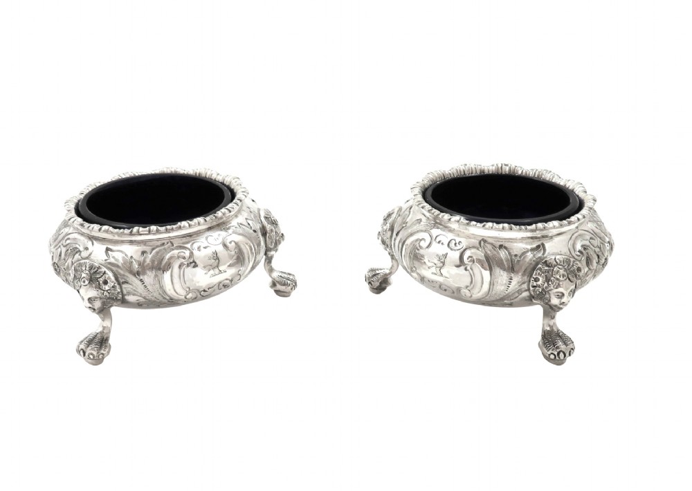 Pair of Antique Victorian Sterling Silver Salts with Liners 1855