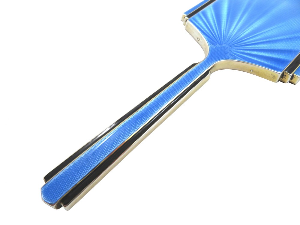 Genuine Antique Art Deco Sterling Silver & Blue Enamel Hand Mirror c1930 View VI
