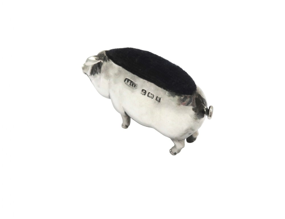 Antique Edwardian Sterling Silver Pig Pin Cushion 1906 View V