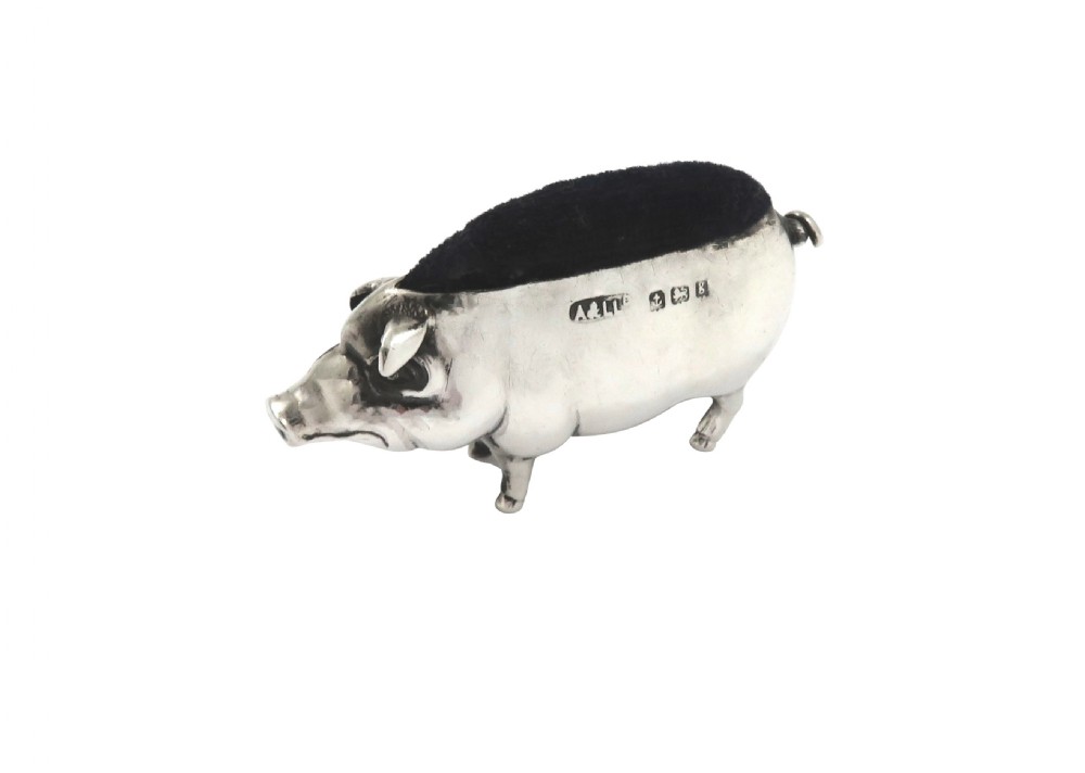 Antique Edwardian Sterling Silver Pig Pin Cushion 1906 View VIII
