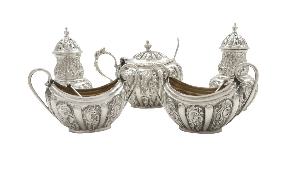 Antique Victorian Sterling Silver 5 Piece Cruet Set 1892 View II