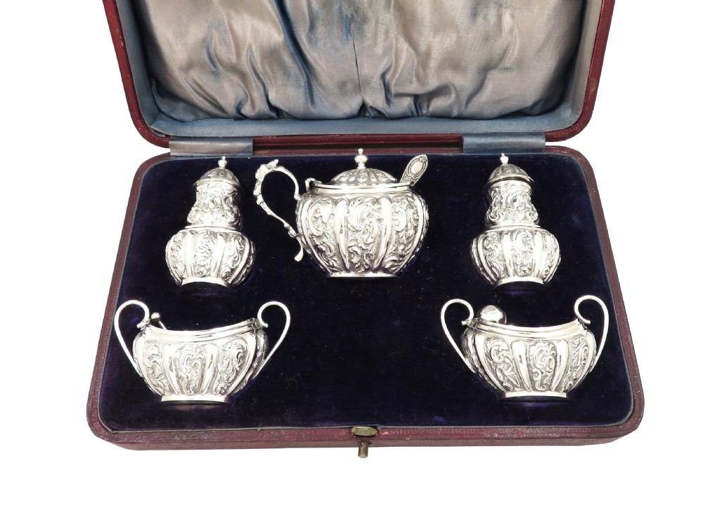 Antique Victorian Sterling Silver 5 Piece Cruet Set 1892 View IV