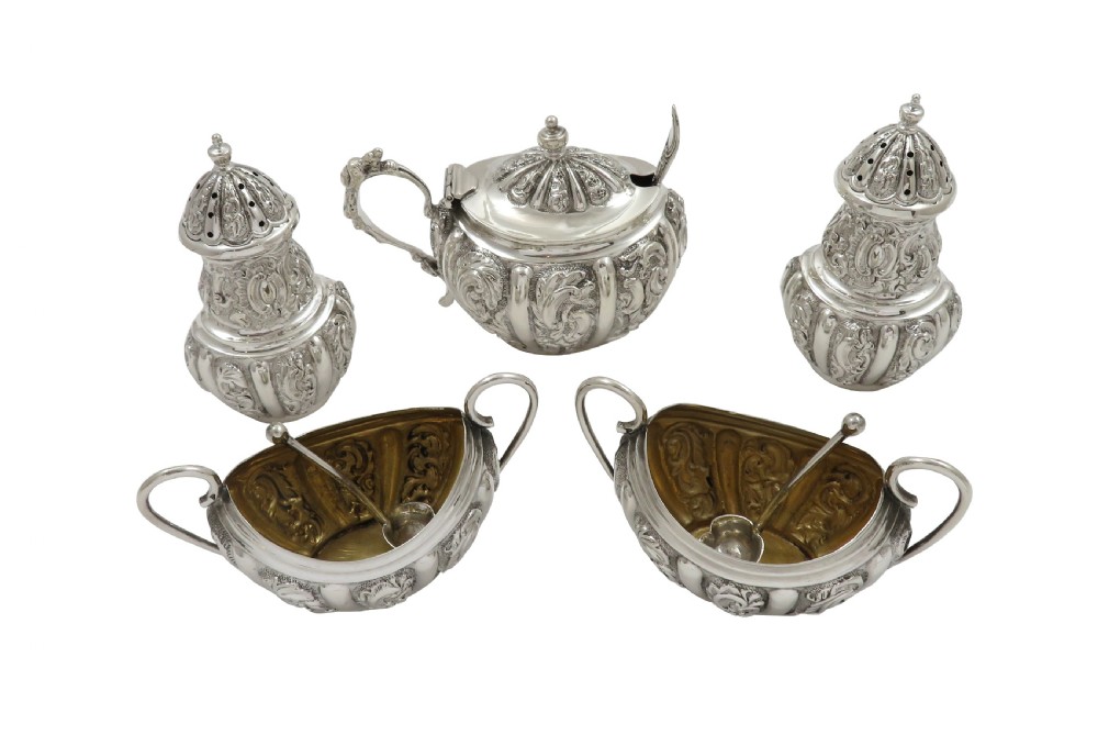 Antique Victorian Sterling Silver 5 Piece Cruet Set 1892 View V