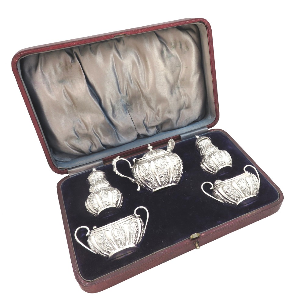 Antique Victorian Sterling Silver 5 Piece Cruet Set 1892 View VI
