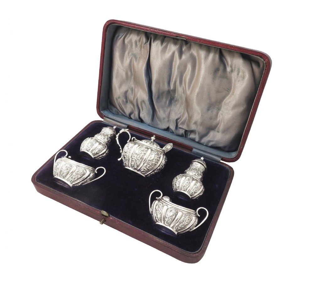 Antique Victorian Sterling Silver 5 Piece Cruet Set 1892 View VIII