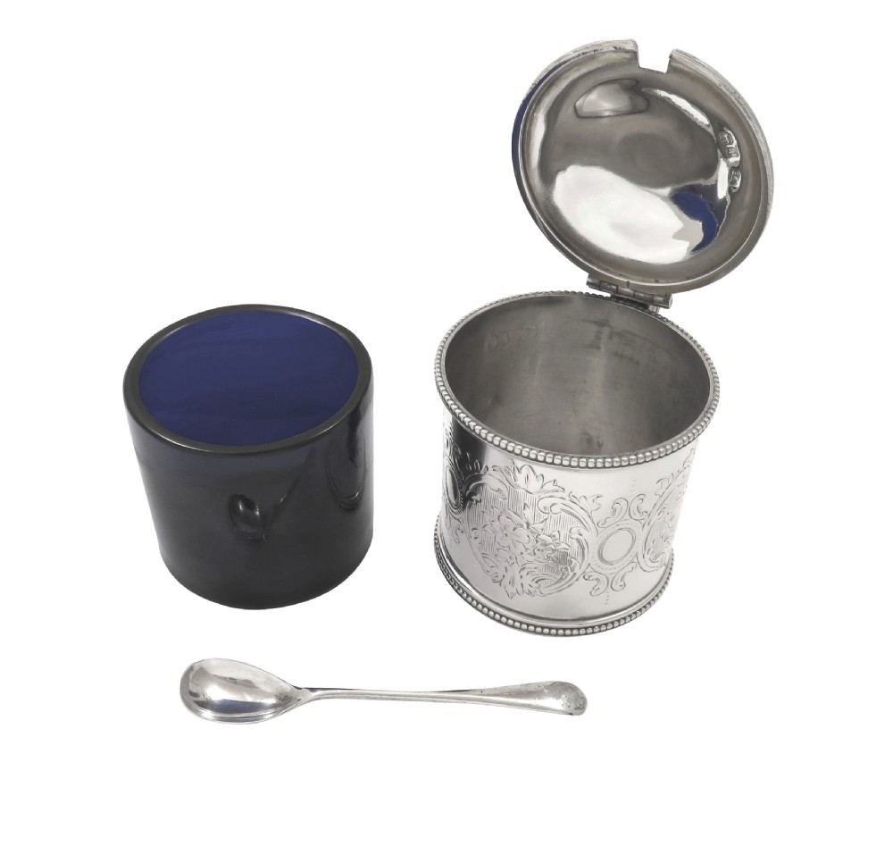 Antique Victorian Sterling Silver Mustard Pot with Spoon 1866 View II
